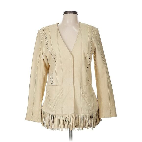 Coldwater Creek Beige Buckskin Braided Leather Jacket Fringe Snap Western M - Picture 1 of 4
